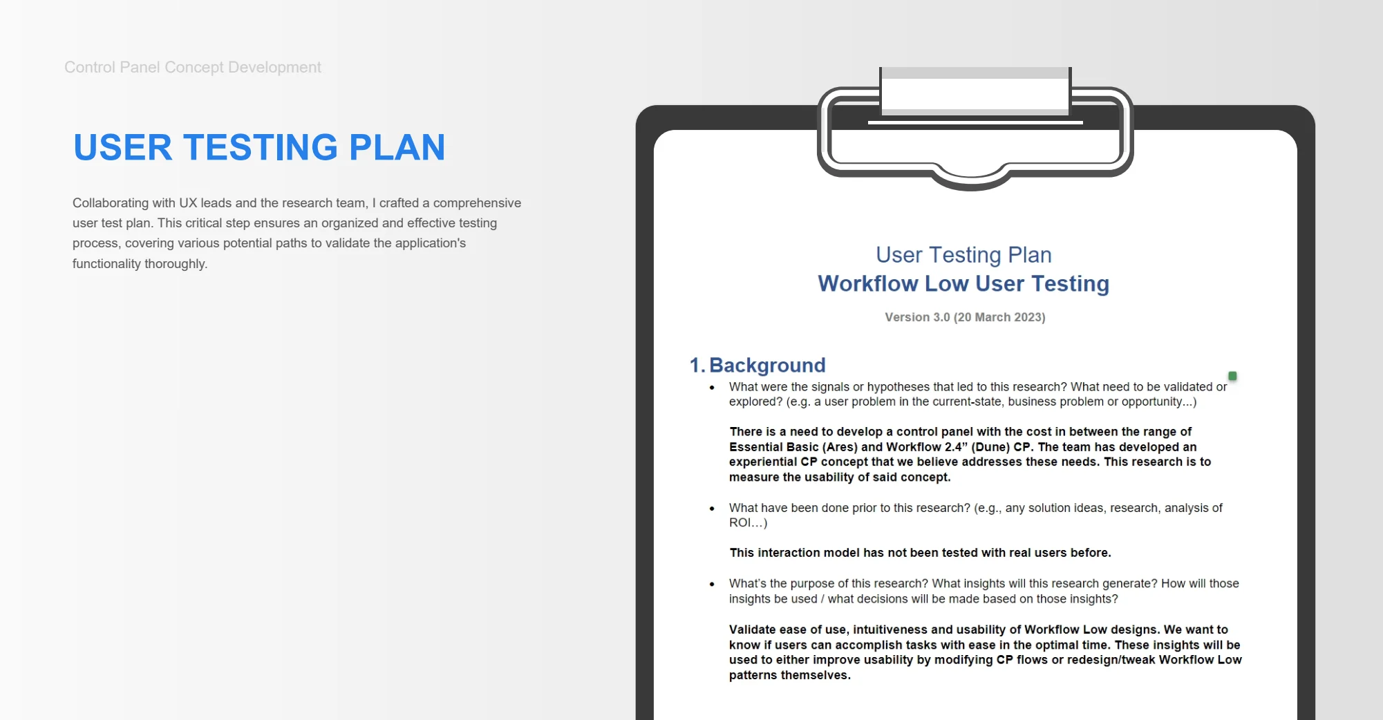Test planning — original smart control panel project material
