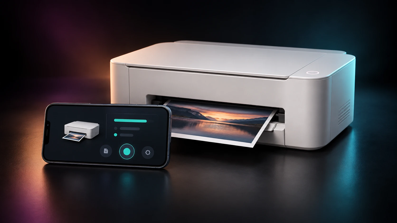 Illustrative printer and mobile controls in a dark studio with copper and teal lighting