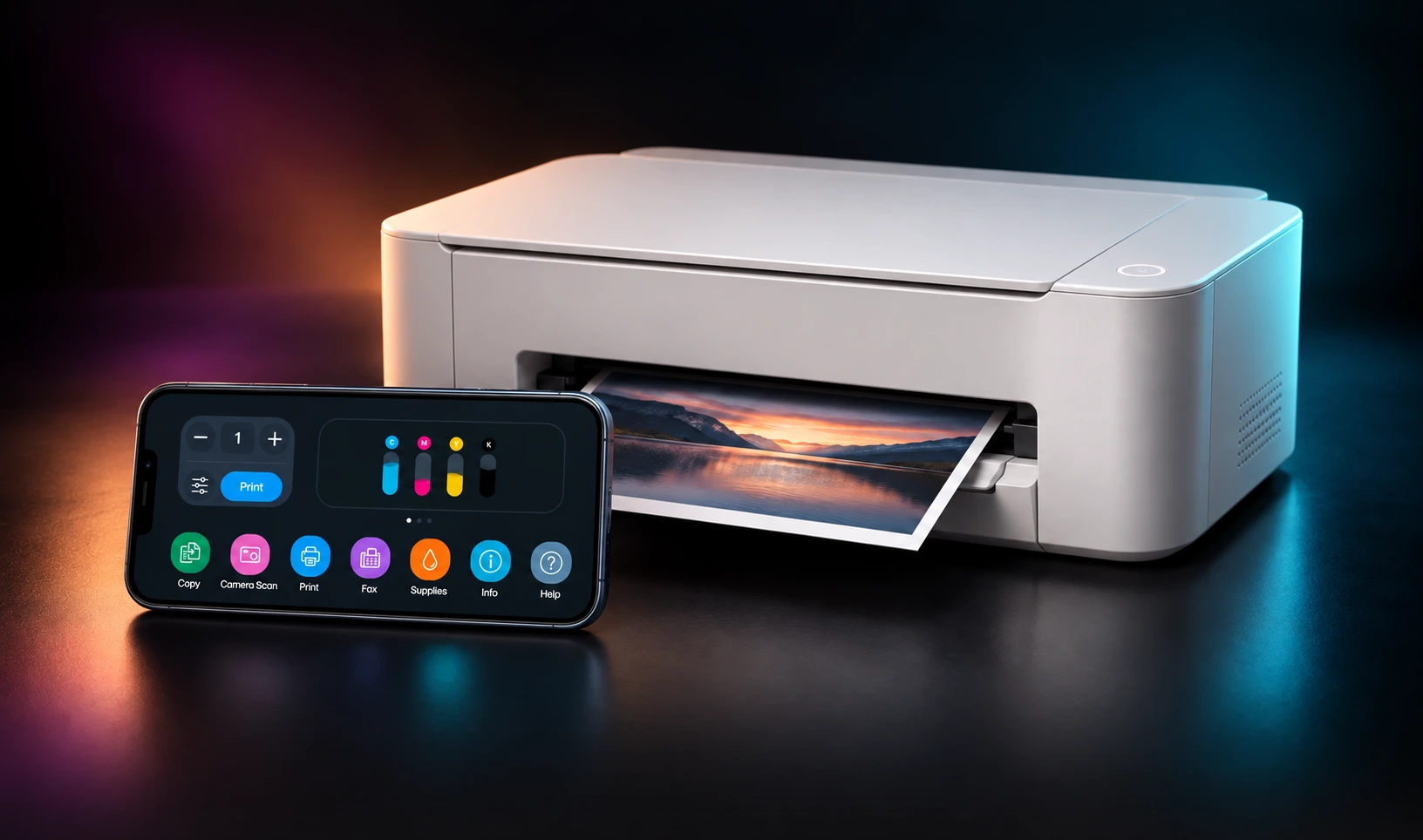 HP printer beside a phone displaying the remote control interface